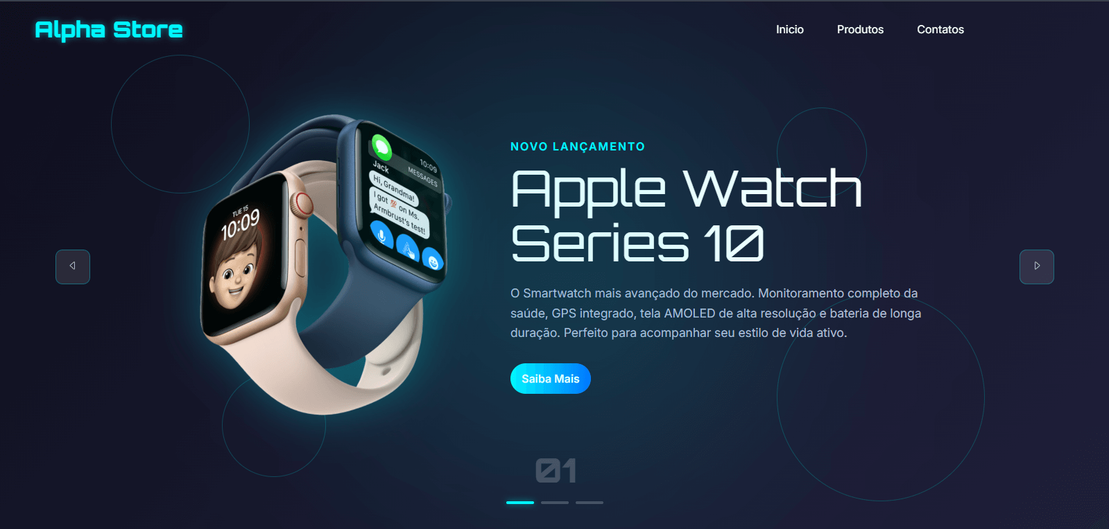 Landing page da Alpha Store com design escuro e slider interativo.